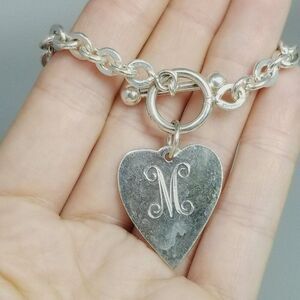 Vintage Basch Sterling Silver M Monogram Heart Charm Bracelet, Initial Letter